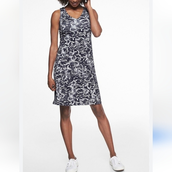 Athleta Santorini Dress V Neck Navy & White Print Midi Stretchy Dress Size Small - Picture 1 of 8